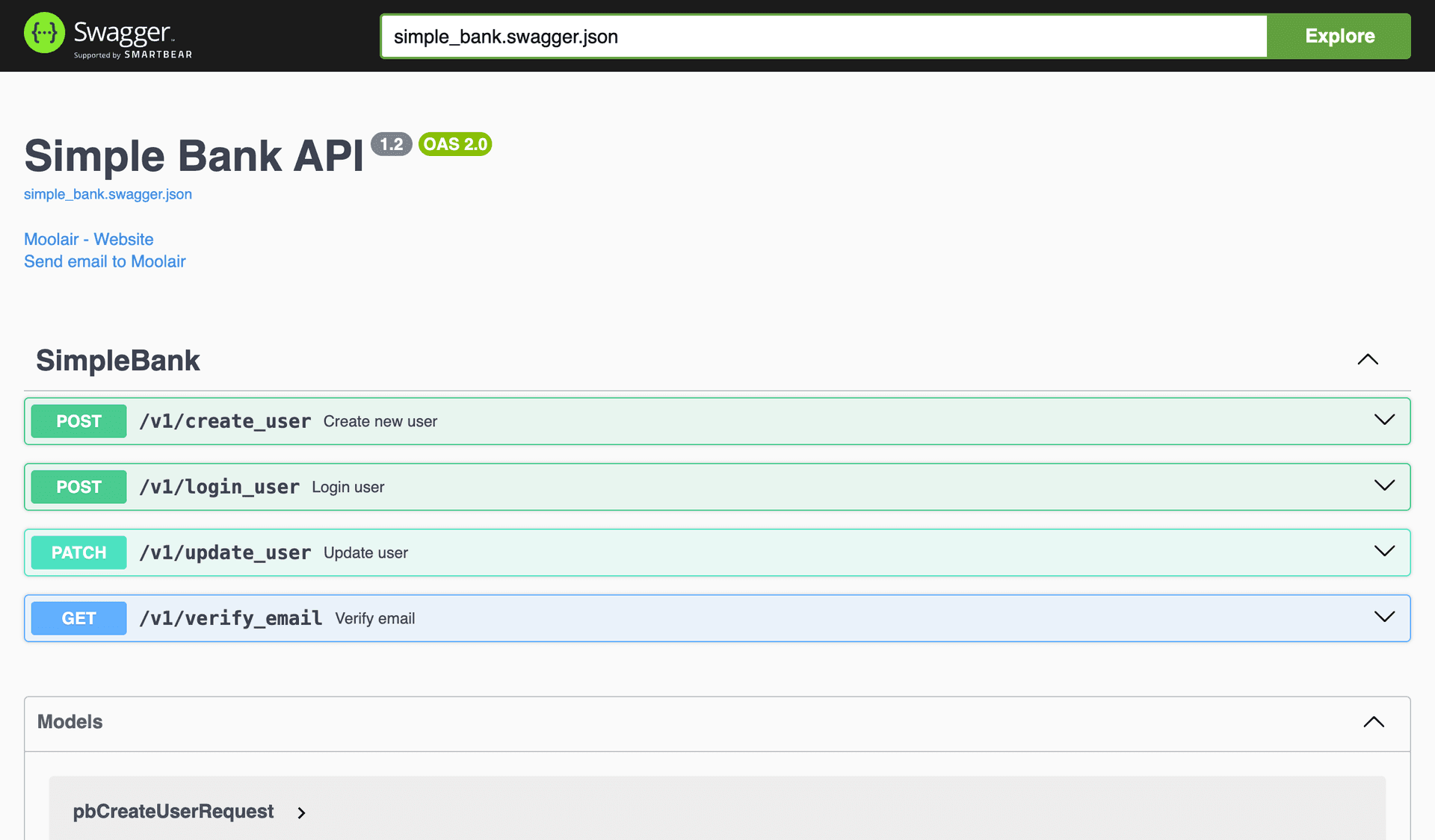 SimpleBank Swagger UI showing API endpoints — create_user, login_user, update_user, verify_email